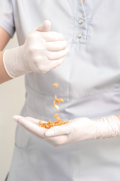 Wax beans or seeds in female hands