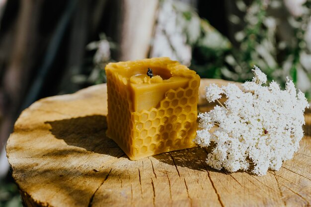 wax candle with rustic flowers on wooden table