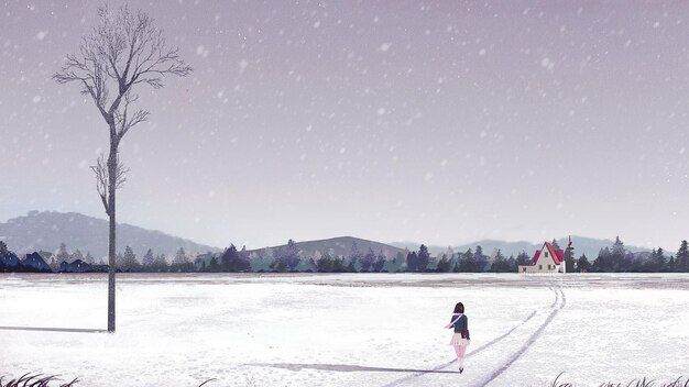 On The Way Home Alone In Winter Illustration