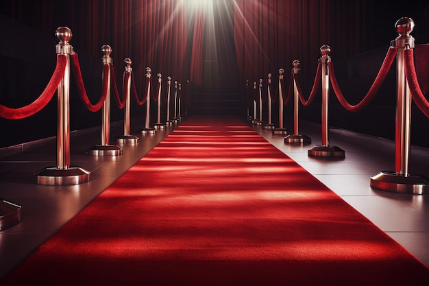 Way on the red carpet in the cinema for celebrities at night with spotlights