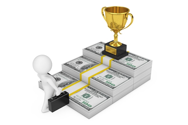 Way to Success Concept. Businessman Climbs the Stairs from the Dollars Money to the Career Gold Award Trophy on a white background. 3d Rendering