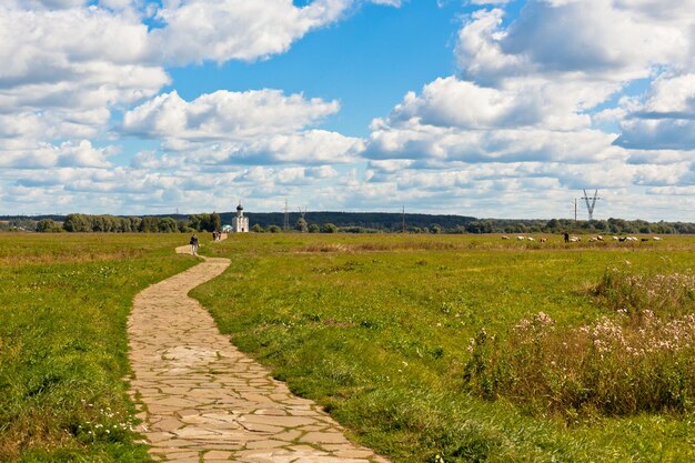 Way through a field to The Church of the intercession on the Nerl river in Russia the village Bogolyubovo