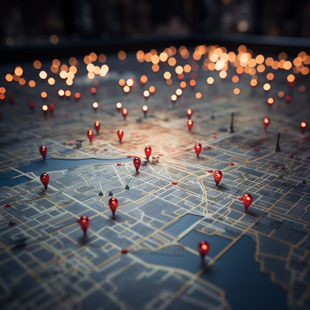 길 찾는 아름다움 도시 지도는 빨간 핀 경로 마커로 장식되었습니다 소셜 미디어 포스트 크기