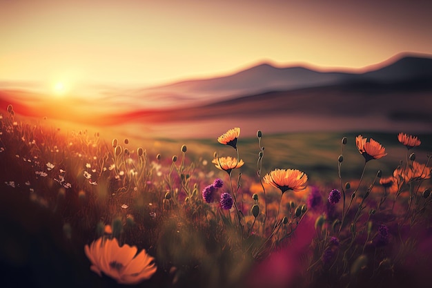 Wazig beeld van een veld met bloemenheuvels en zonsondergang op de achtergrond