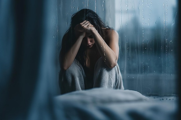 Foto wazig depressieve vrouw zittend op bed en hoofd in handen houden geestelijke gezondheid concept regenachtige dag