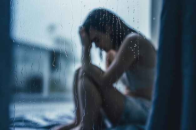 Wazig depressieve vrouw zittend op bed en hoofd in handen houden geestelijke gezondheid concept regenachtige dag