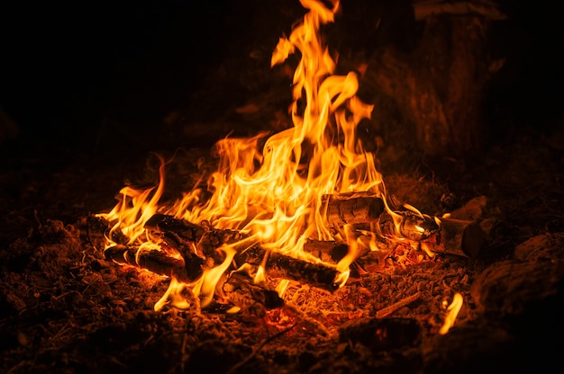 Wazig kampvuur in de nacht. vreugdevuur met een brandende vlam in het donker