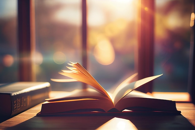 Wazig open boek op een zonovergoten tafel in een universiteitsbibliotheek