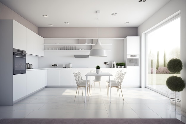 Wazig perspectief van moderne keuken met witte meubels