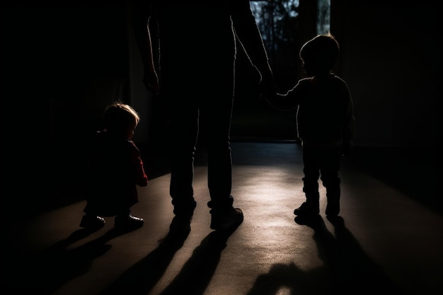 Wazig schaduwsilhouet van een kleine jongen die 's nachts hand in hand met ouders loopt