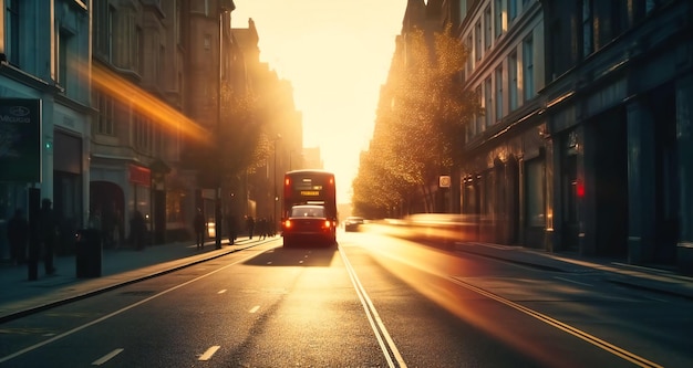 Wazig stadsstraat op zonsondergang