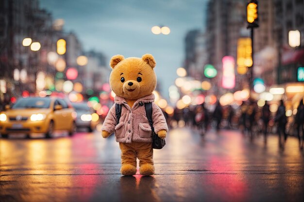 Wazig stadsstraatbeeld teddybeer en mensen die de straat oversteken, ai generatief