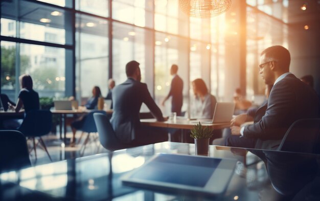 Foto wazig zacht van mensen die elkaar aan tafel ontmoeten zakenmensen die praten in een modern kantoor