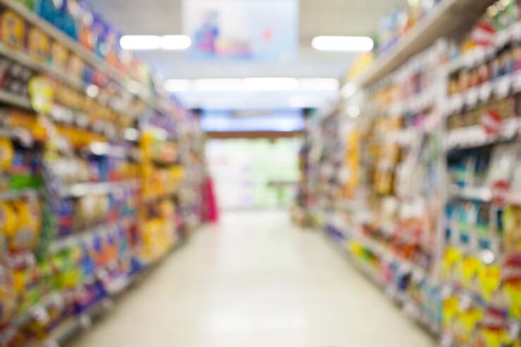 Foto wazige achtergrond van supermarkt in het winkelcentrum.