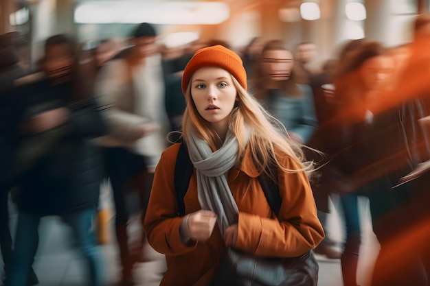 wazige groep jonge studenten die in snelle beweging naar de les gaan