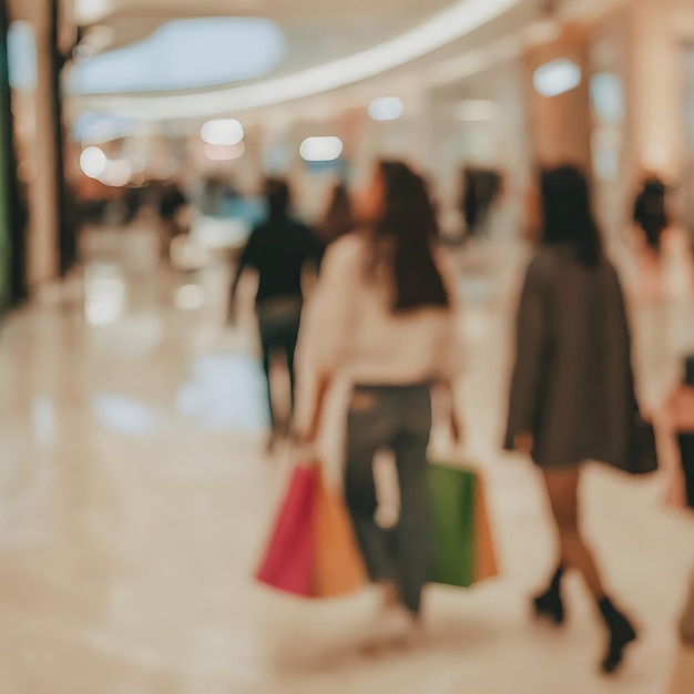 wazige shoppers met boodschappentassen in een modern winkelcentrum