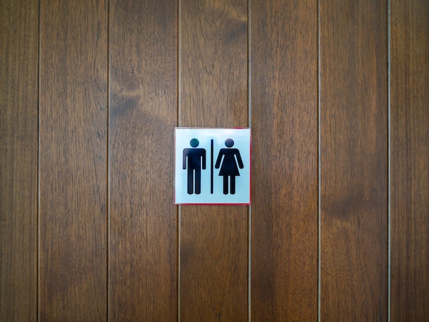 写真 wcトイレは木製の背景に男性と女性のアイコンに署名します