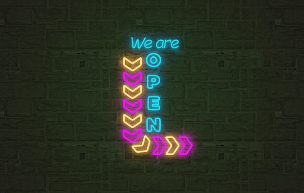 Photo we are open neon light sign , glowing we are open banner with brick background