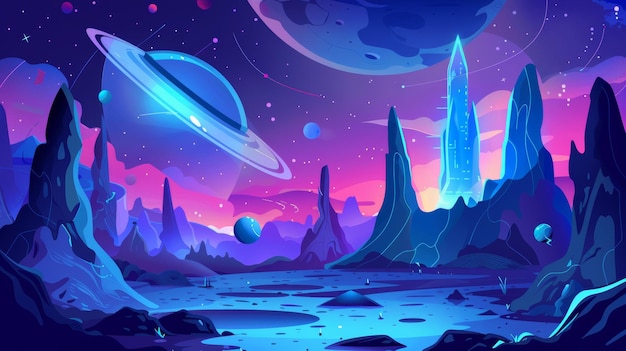 We are in space cartoon landing page with ufo spaceship on alien planet Explore the galaxy in virtual reality learn futuristic technologies ad campaign with cosmic advertising