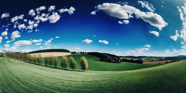 Photo we get a panoramic view of lush green countryside with azure clouds in the sky