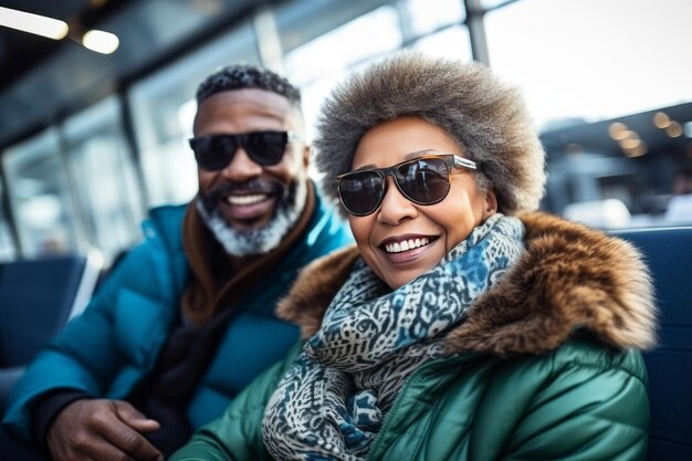 We gingen op reis. Een gelukkig Afro-Amerikaans echtpaar glimlachte in de terminal van de luchthaven. Een oudere Afrikaan.