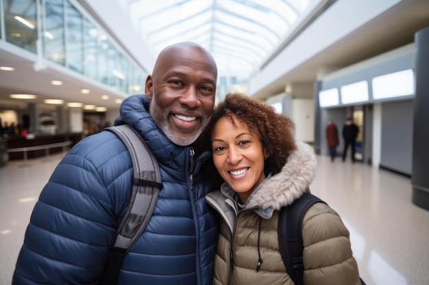 We gingen op reis. Een gelukkig Afro-Amerikaans echtpaar glimlachte in de terminal van de luchthaven. Een oudere Afrikaan.