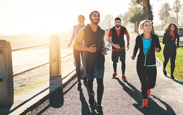 We got goals Shot of a fitness group out running on the promenade