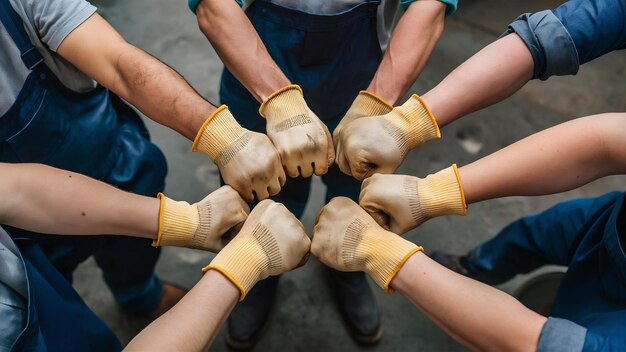 Photo we have done it young dirty maintenance workers wearing protective gloves and casual clothes keepi