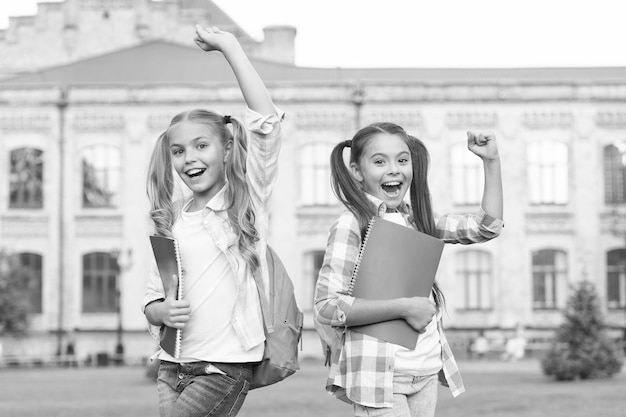 We hebben de school overleefd Gelukkige kinderen vieren buiten Schoolvakanties Zomervakanties of vakanties School is uit Vakanties zijn in Neem een pauze Je verdient vakanties