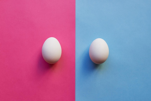 We hebben een jongen en een meisje Studio-opname van twee eieren die op twee verschillende gekleurde achtergronden naast elkaar zijn geplaatst