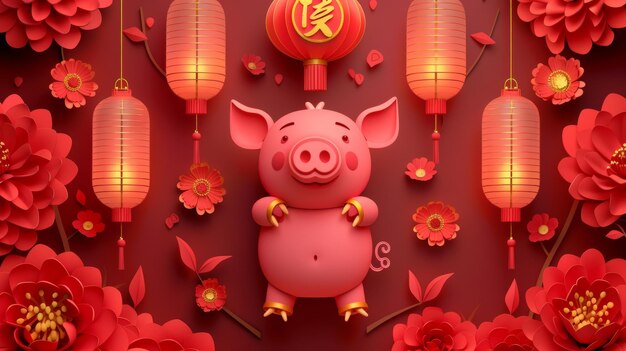 We hope you welcome happiness with the spring and pig words in Chinese characters the paper art piggy on lanterns and the background featuring red peonies