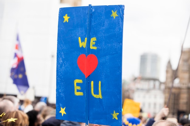 We love europe pro european brexit sign at a political\
protest