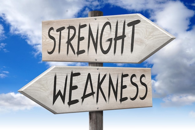 Weakness strength wooden signpost with two arrows and cloudy sky in background