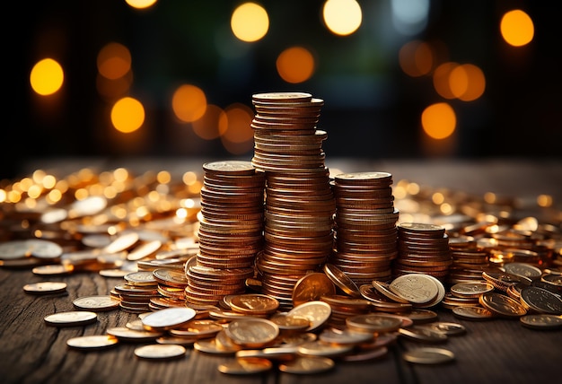 Wealth and Abundance Golden Coins on a Wooden Table in the Bokeh Style