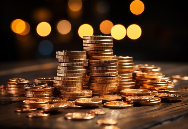 Wealth and Abundance Golden Coins on a Wooden Table in the Bokeh Style