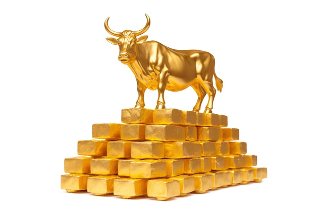 Photo wealth concept golden cow or calf over stack of golden bars on a white background generative ai