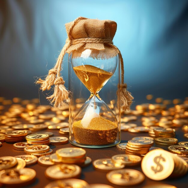 Wealth management Deposit taxes loans illustrated by hourglass money bag For Social Media Post Si Premium AI generated image