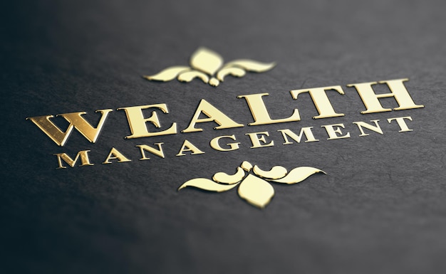 Photo wealth management phrase embossed design with golden foil over black paper background. 3d illustration. financial advisory concept