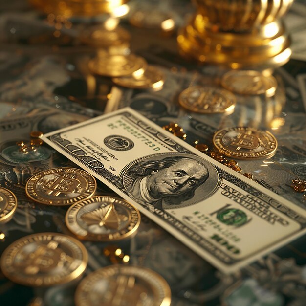 Photo wealth scattered dollar notes and gold coins