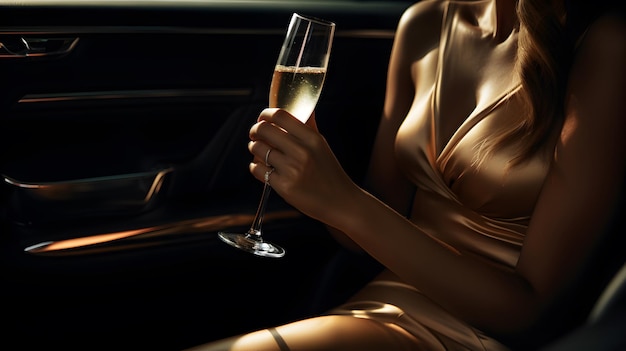A wealthy woman with a glass of champagne in the luxury car