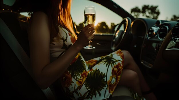 Photo a wealthy woman with a glass of champagne in luxury car