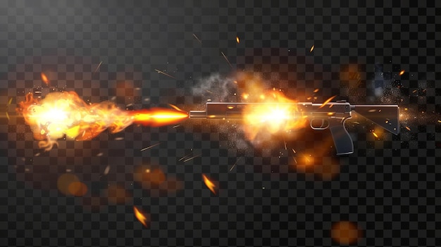 Photo weapon firing effects modern realistic set of gun muzzle flashes flying bullets with flame sparks and smoke clouds isolated on a transparent background