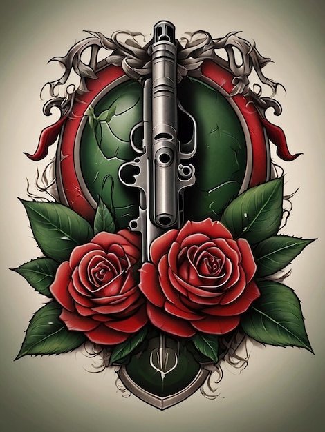 Weapon and sword tattoo designs with roses wrapped around the roots