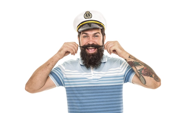 Photo wear moustache and look like real man happy seaman twirl moustache bearded man with moustache isolated on white captain moustache barbershop barber shop make sailing great again