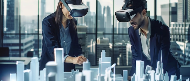 Photo wearing augmented reality headsets architects work with 3d city models high tech office professionals use virtual reality modeling software