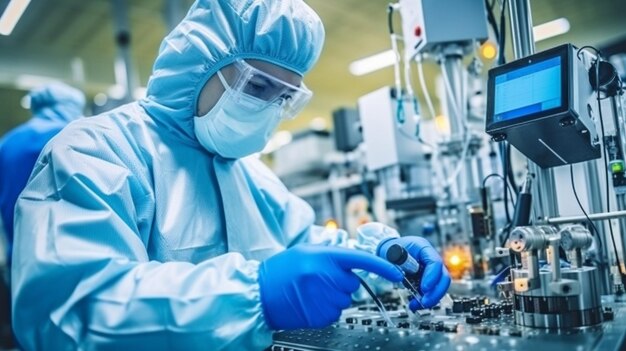 Wearing a coverall or protective gear while working in a semiconductor production facility with generative artificial intelligence