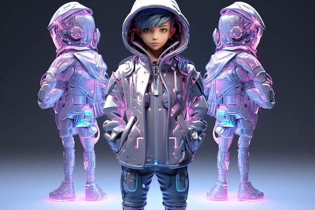 Wearing futuristic cyberpunk clothing