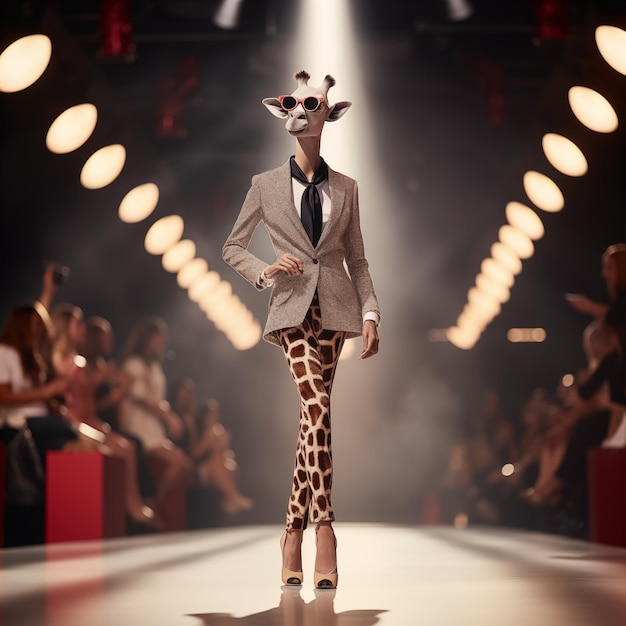 Wearing glasses and high heels a giraffe showcases elegance and poise on the catwalk