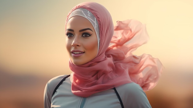 Wearing a head scarf or turban a lovely woman in tracksuit running builds healthy lifestyle rules Generative AI