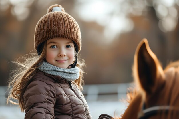 Wearing a helmet the joyful young girl at the equitation class is posing for the camera space Generative AI